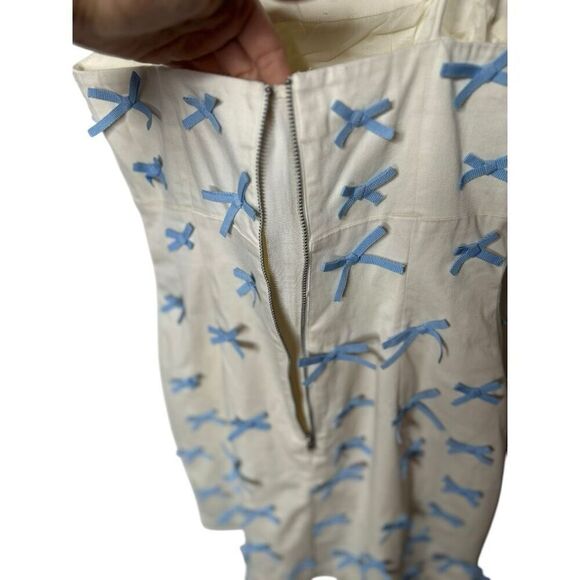 BHLDN Blue Bow Fitted Mini Dress Size 4 White Blue Cinderella Wedding Preppy - Picture 11 of 16